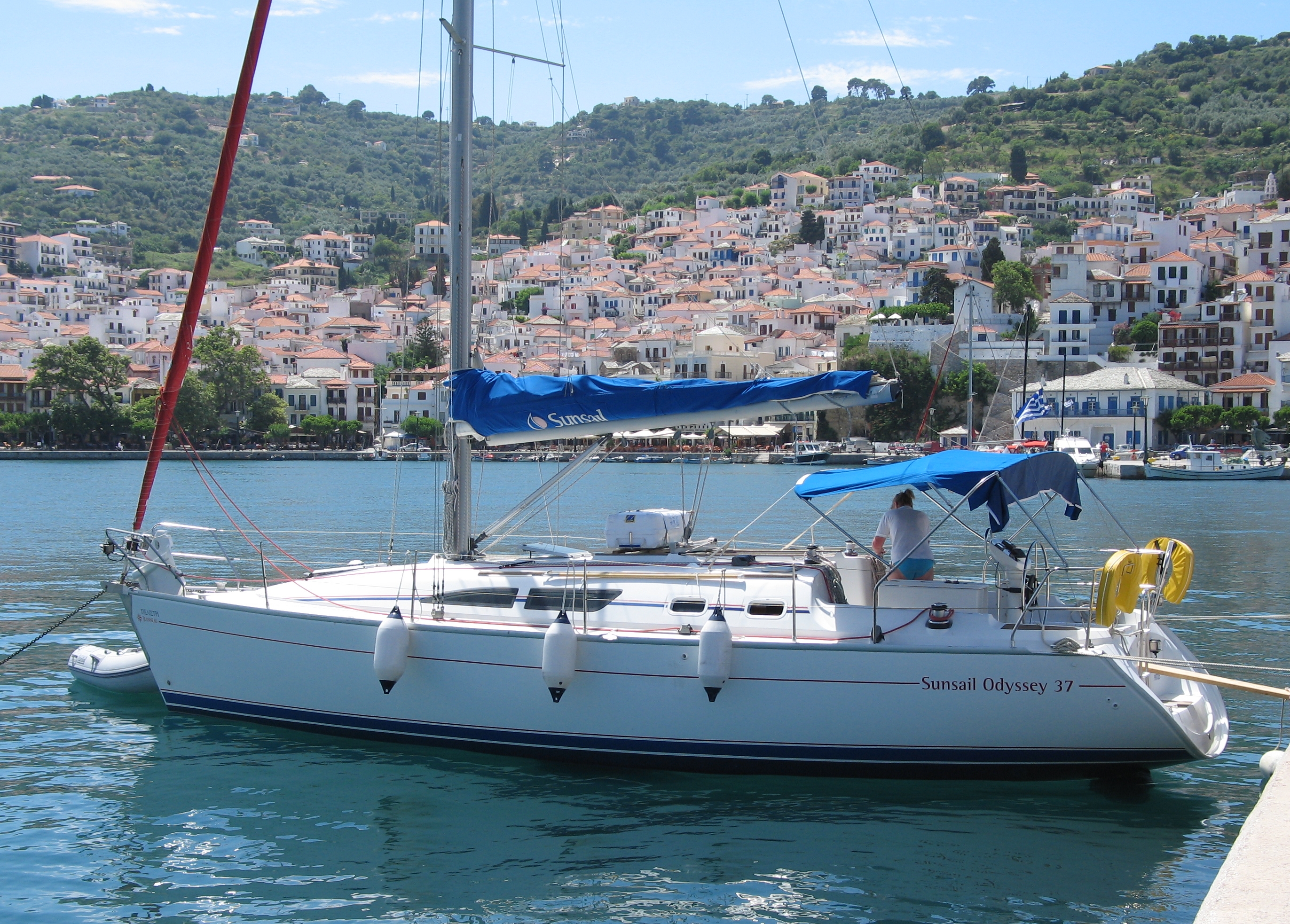 Pelistry, our 37’ Jeanneau, tied up at Skopelos